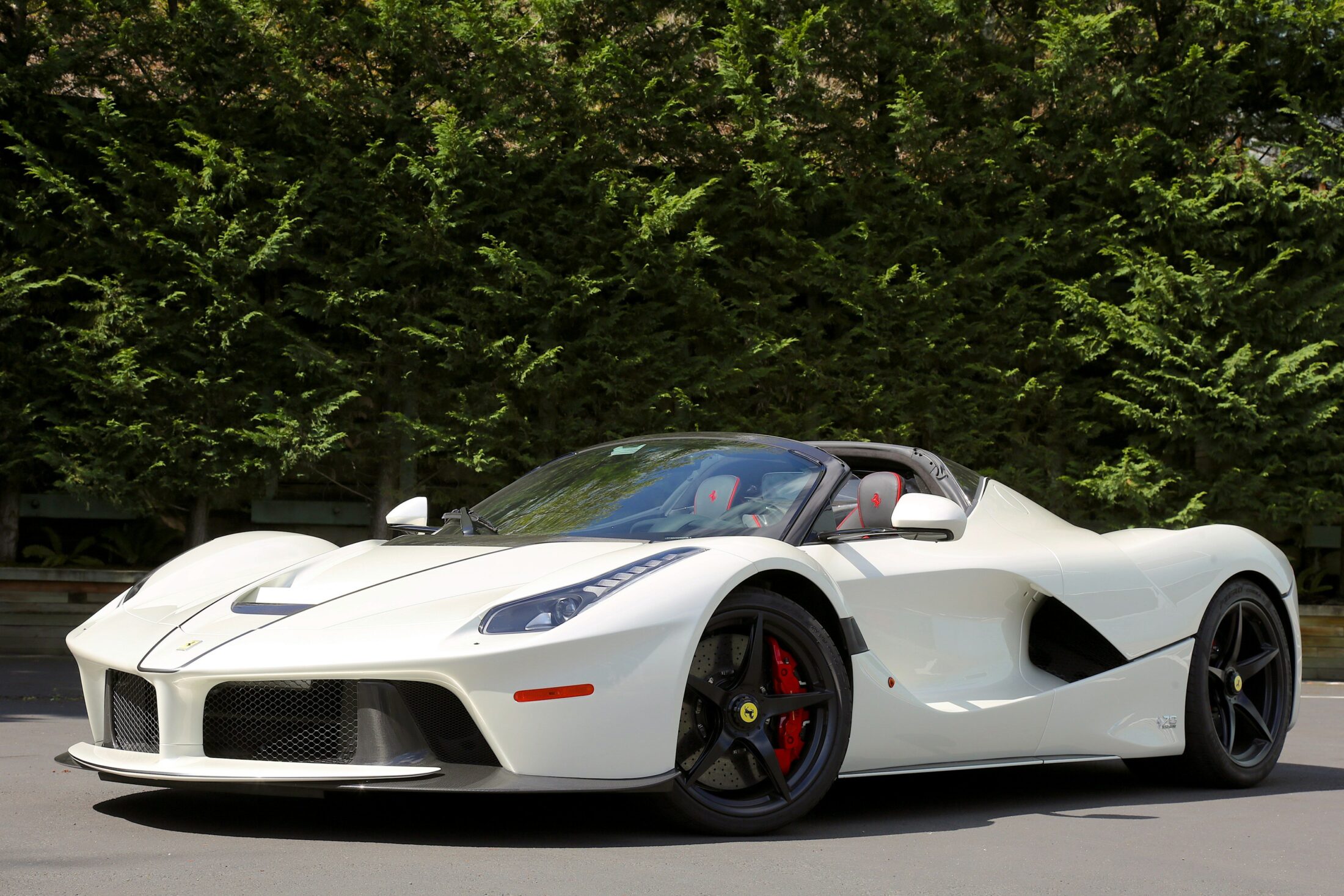Ferrari LaFerrari Aperta blanche devant une haie