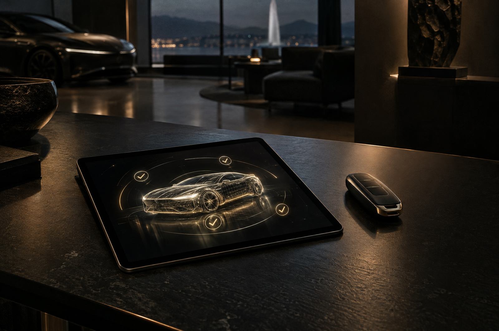 Tablette affichant la silhouette filaire d'une voiture avec des marques de vérification