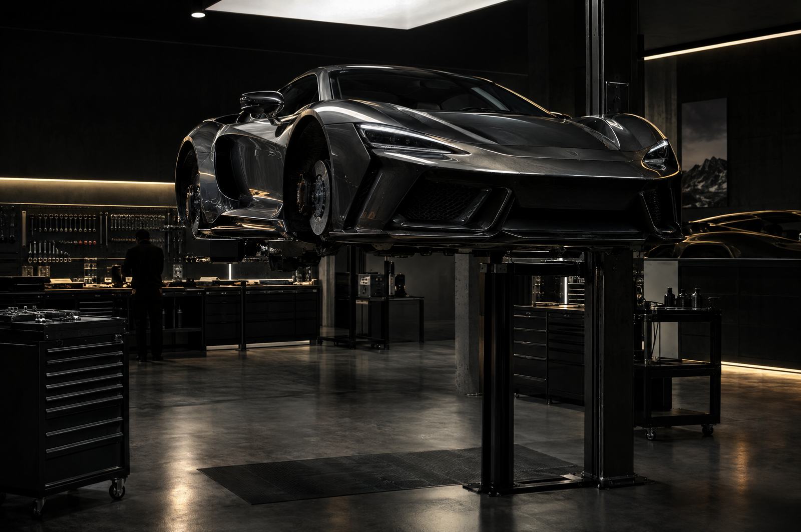 Supercar sur un pont élévateur dans un atelier noir et blanc
