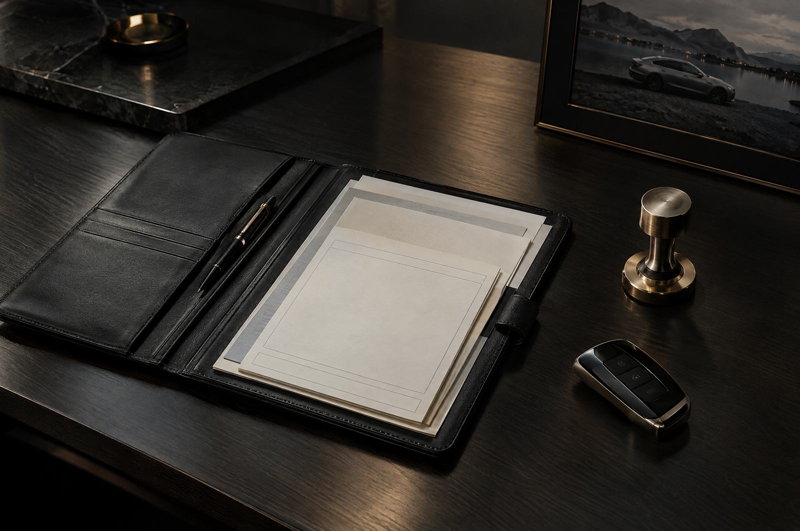 Porte-documents en cuir, documents vierges, tampon et clé sur un bureau sombre