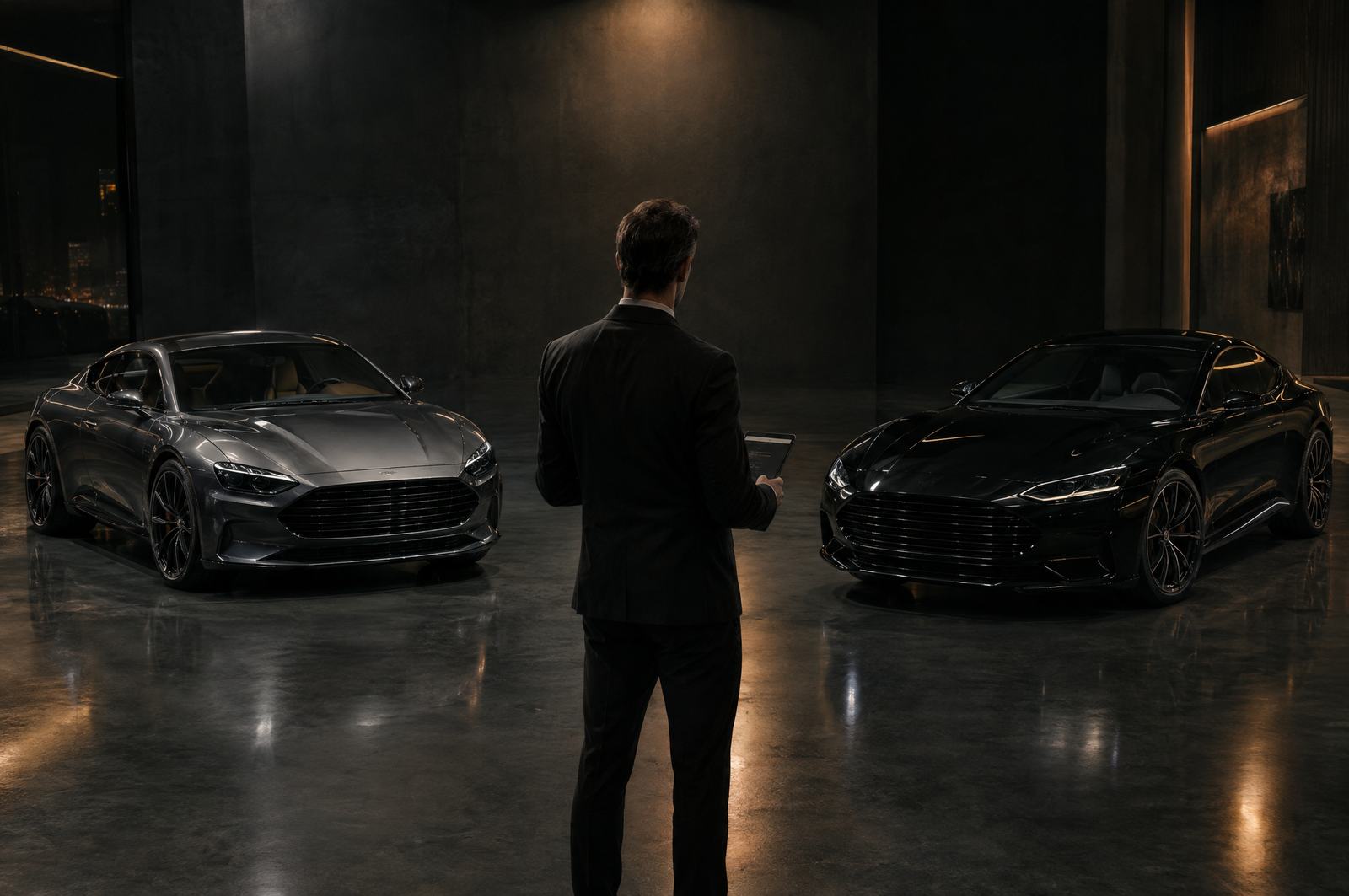 Expert tenant une tablette entre deux automobiles de prestige, dans une galerie sombre
